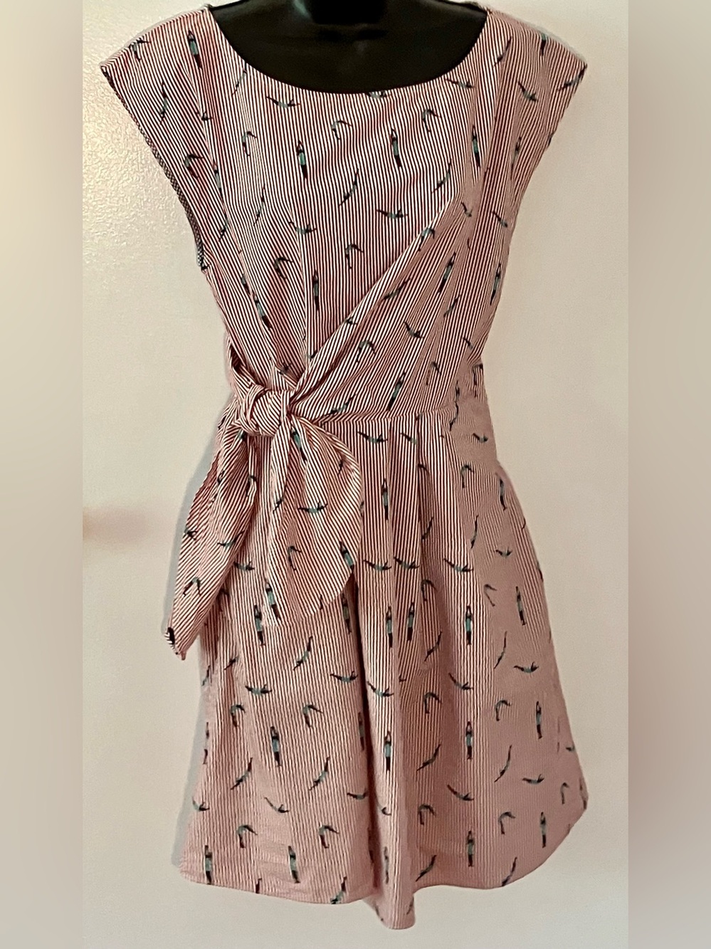 Anthropology Maeve Red/White Striped Sundress with Teal/Black Print Size 8